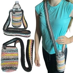 Handmade Multicolor Crochet Water Bottle Holder Bag Wheat Stitch Boho Crossbody